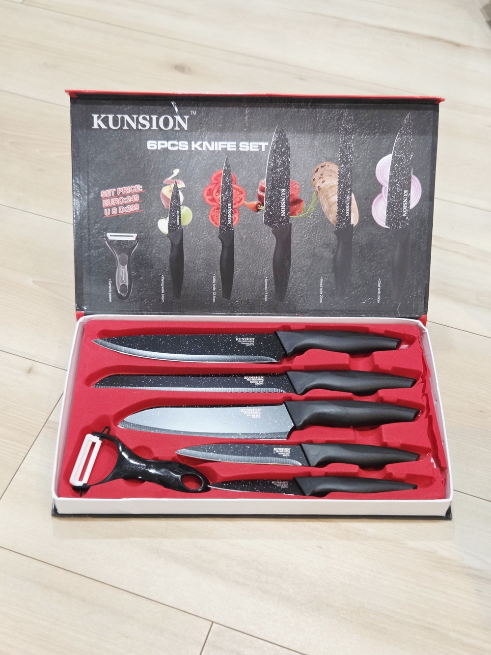 Kunsion 6-Piece Black Speckled Knife Set with Peeler